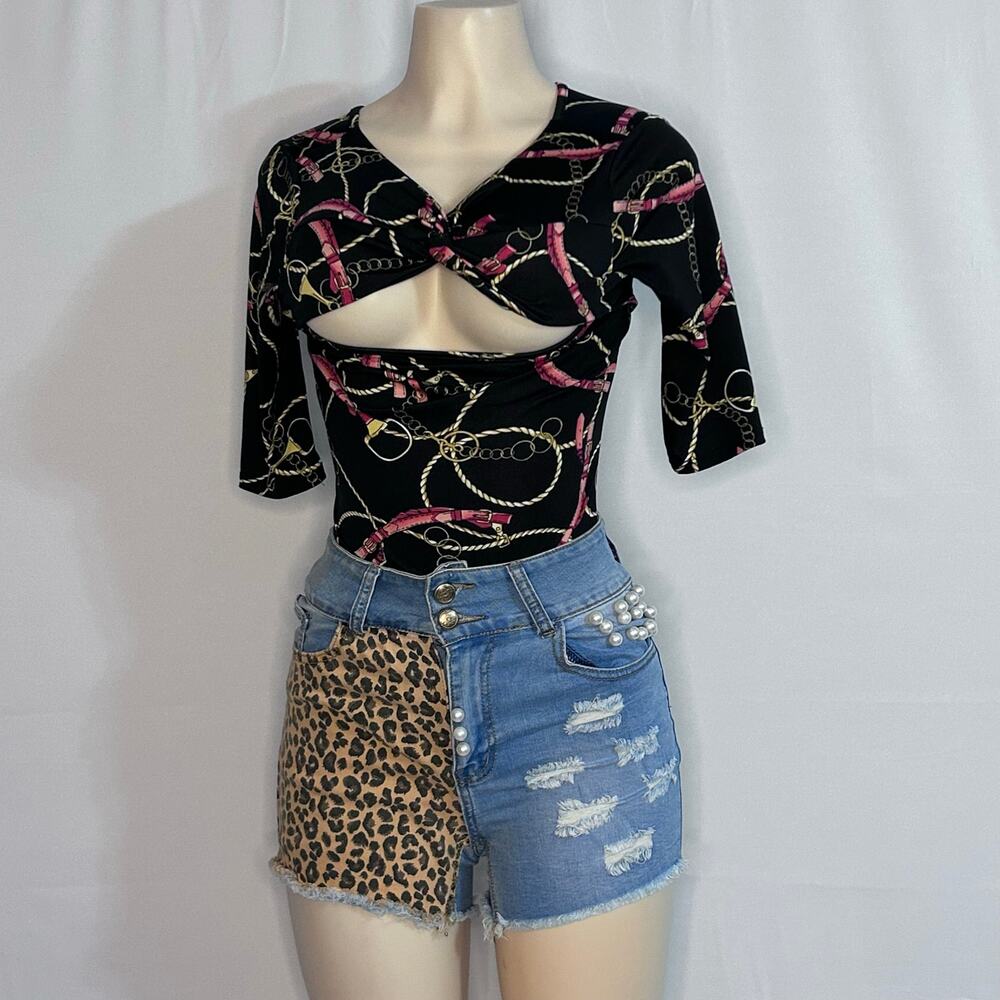 Day G Chain Print Cutout Bodysuit Black Pink Equestrian Twist Front